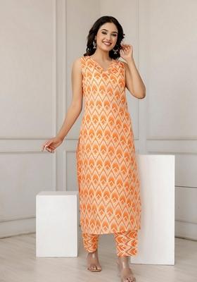 Orange Printed Cotton Blend Kurta Set