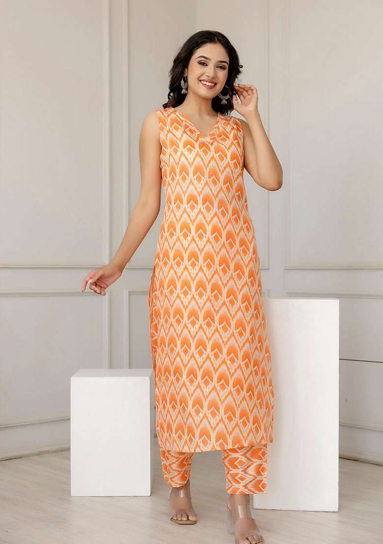 Orange Printed Blended Straight Kurta Set - Indya
