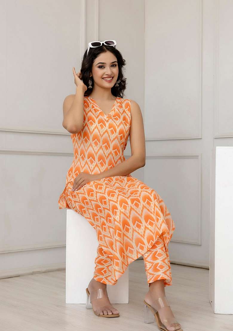 Orange Printed Blended Straight Kurta Set - Indya