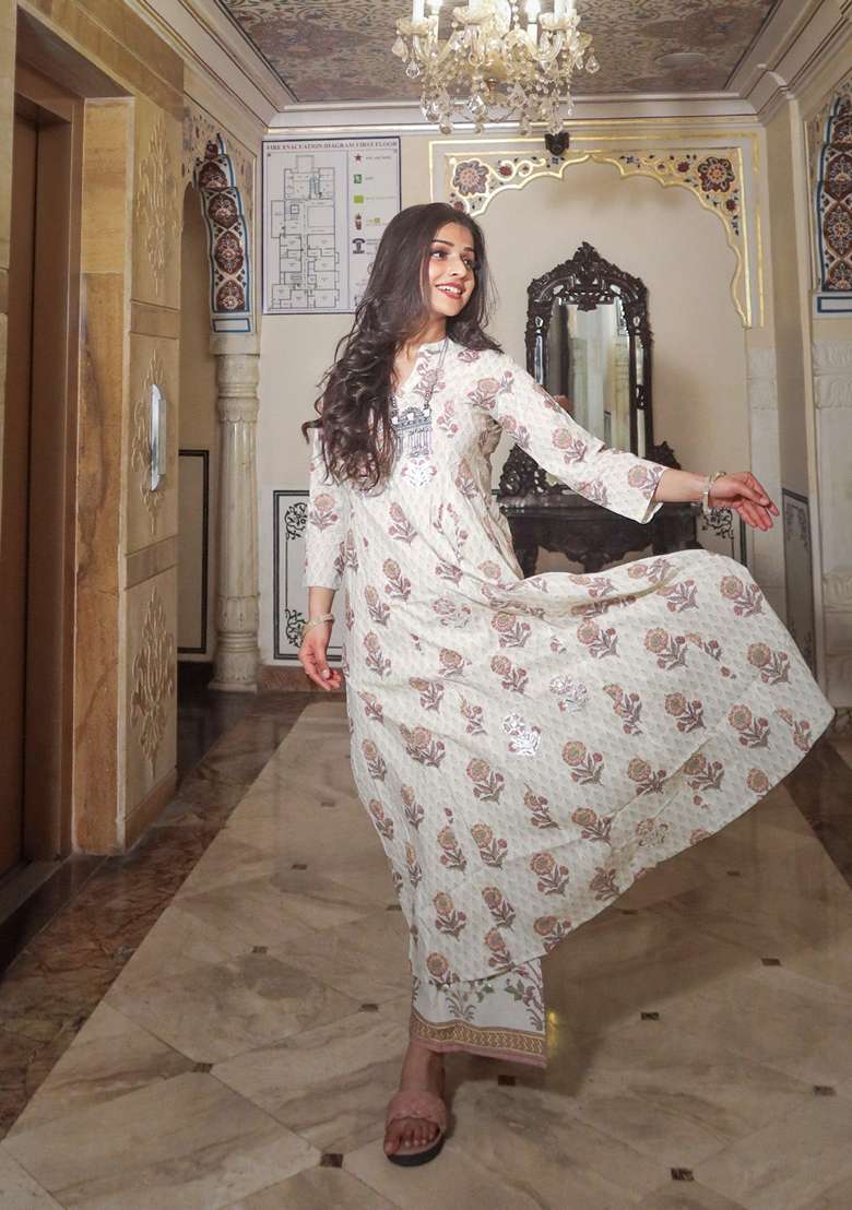 White Floral Print Cotton Anarkali Set - Indya