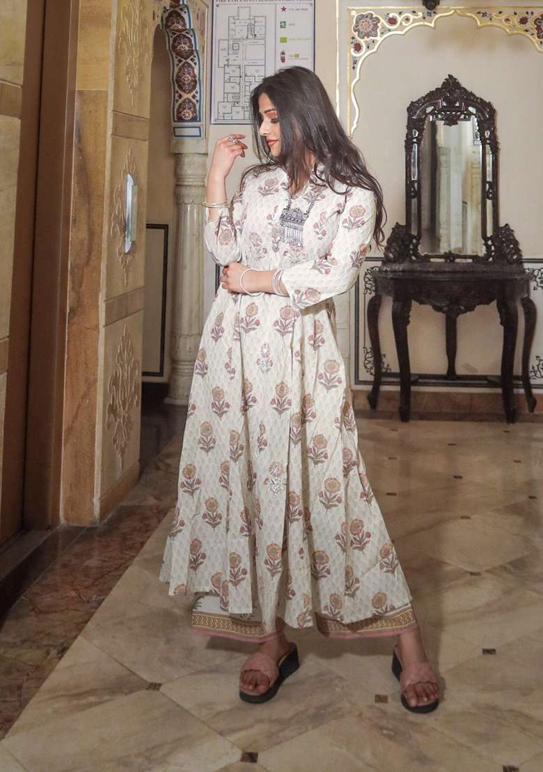 White Floral Print Cotton Anarkali Set - Indya