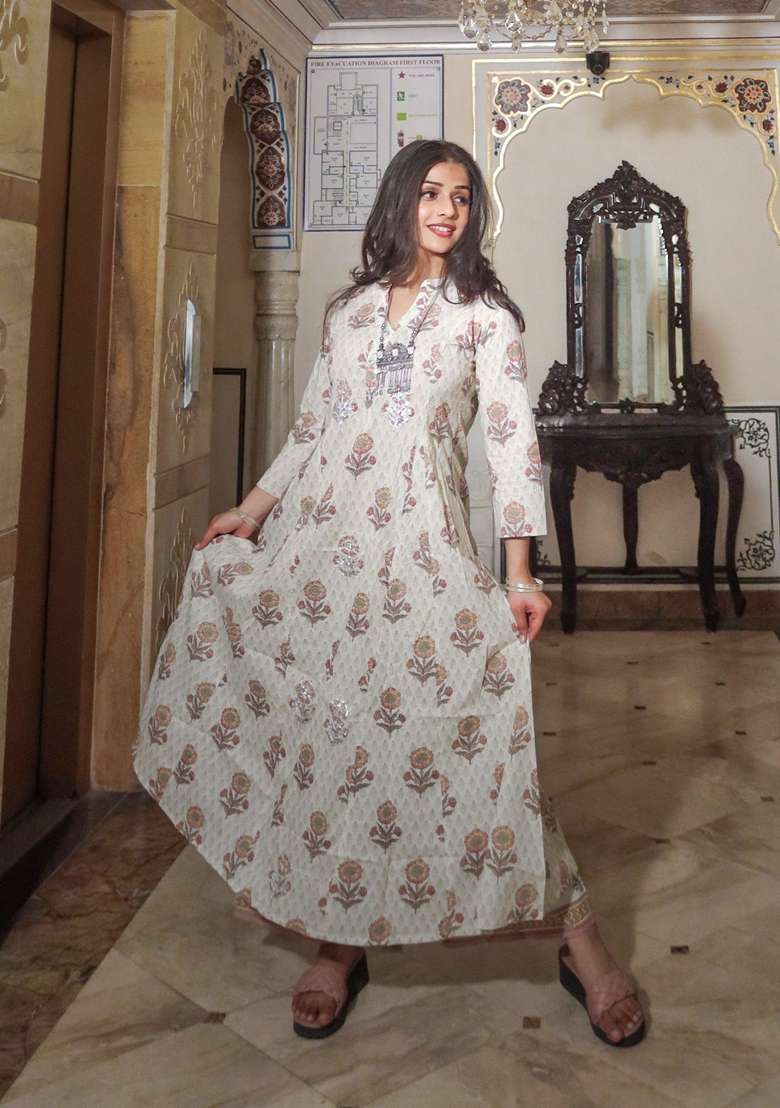 White Floral Print Cotton Anarkali Set - Indya
