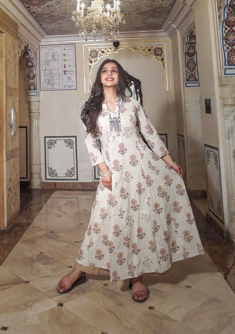 White Floral Print Cotton Anarkali Set - Indya