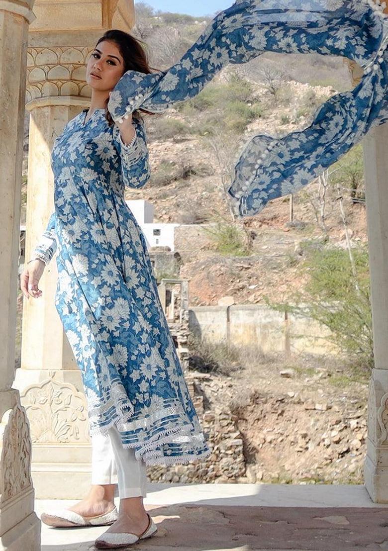 Blue Printed Cotton Anarkali Set