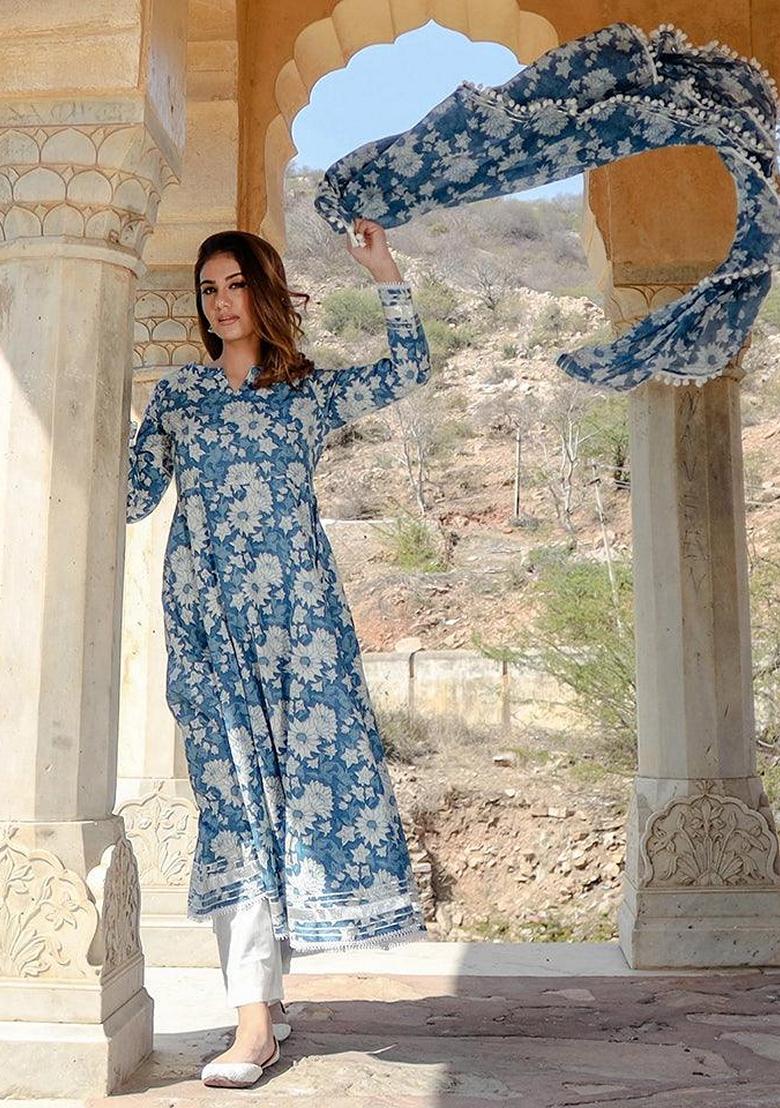 Blue Printed Cotton Anarkali Set