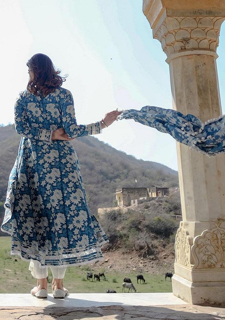 Blue Printed Cotton Anarkali Set