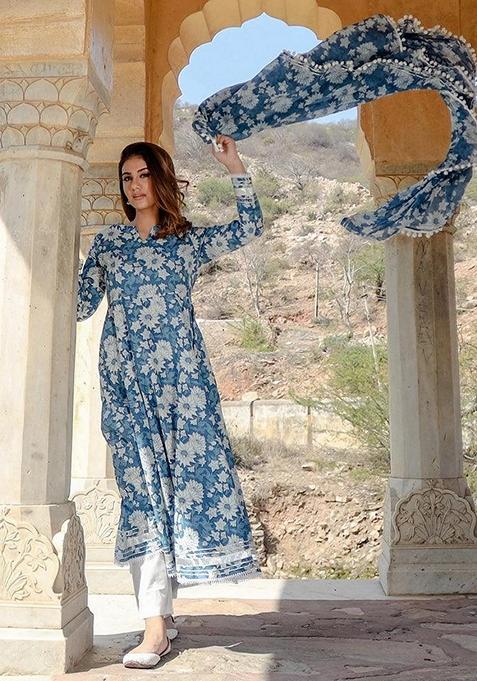 Blue Printed Cotton Anarkali Set