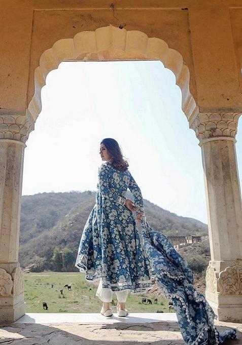 Blue Printed Cotton Anarkali Set