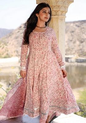 Pink Printed Cotton Anarkali Set