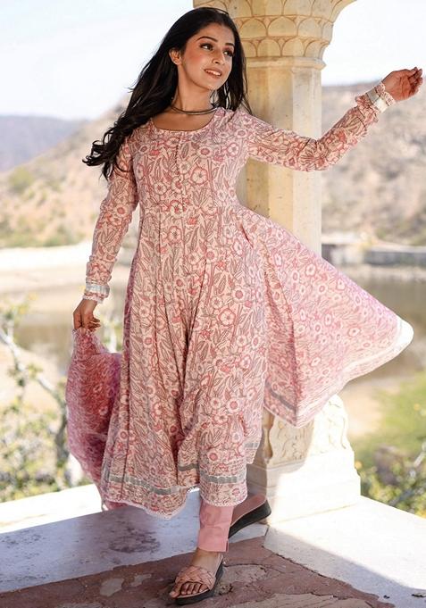 Pink Printed Cotton Anarkali Set