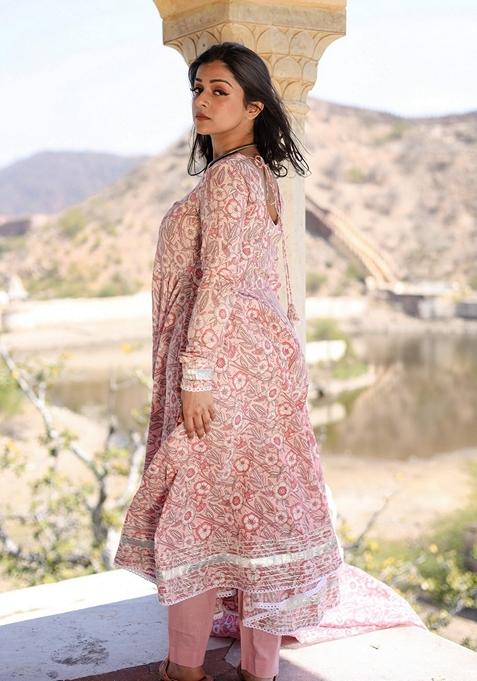 Pink Printed Cotton Anarkali Set