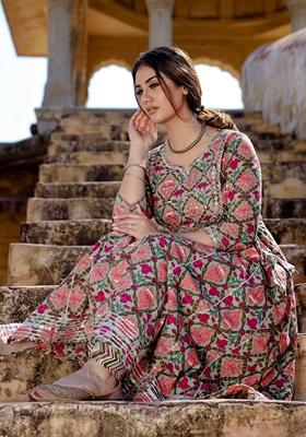 Green Floral Print Cotton Anarkali Set