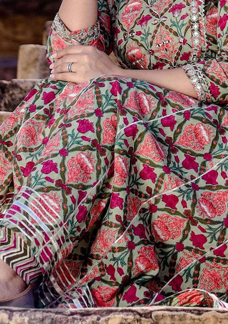 Green Floral Print Cotton Anarkali Set
