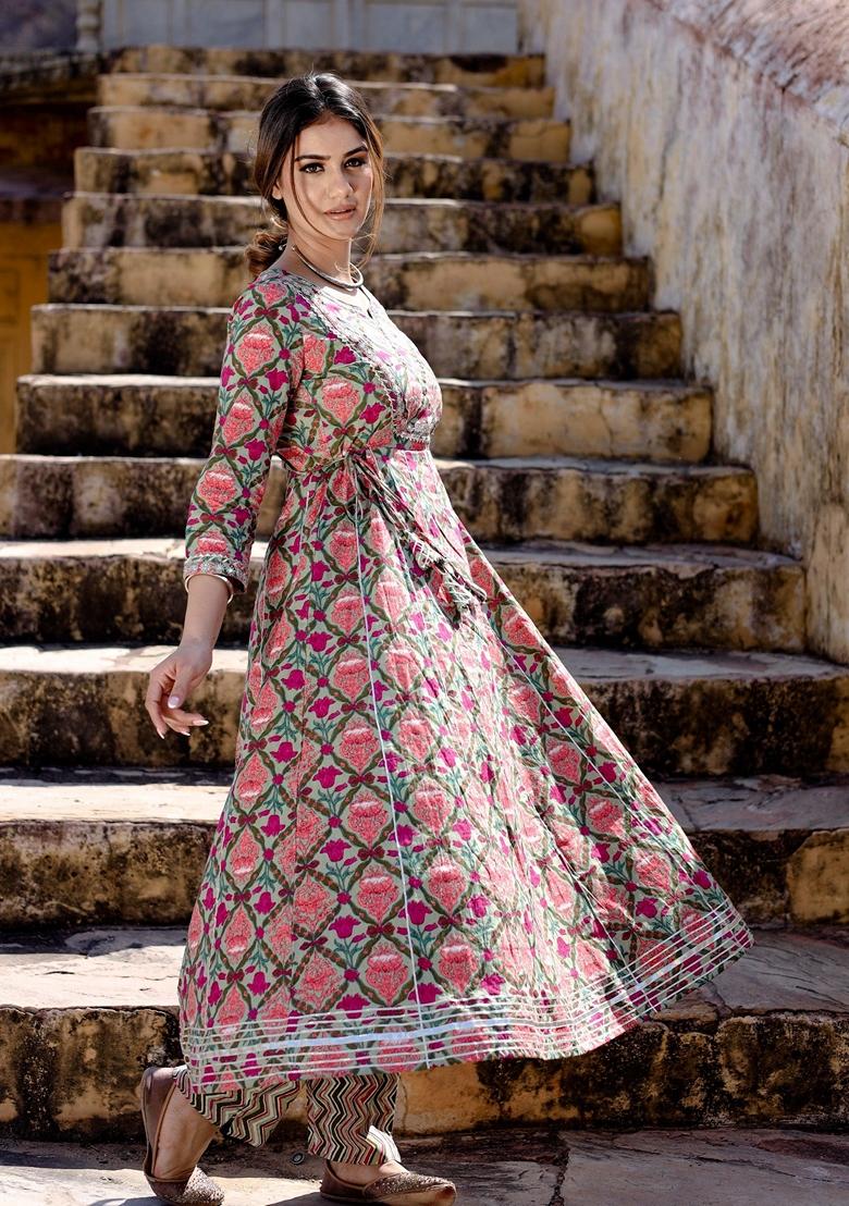 Green Floral Print Cotton Anarkali Set