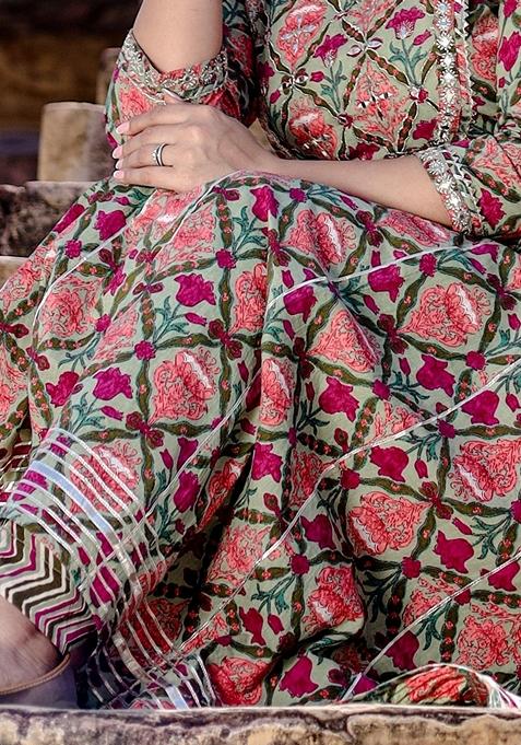 Green Floral Print Cotton Anarkali Set
