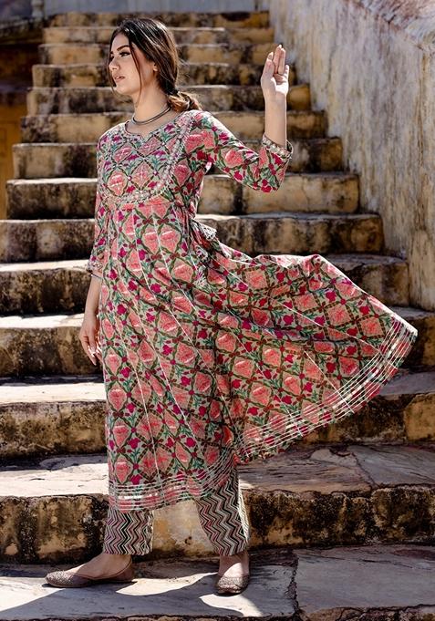 Green Floral Print Cotton Anarkali Set