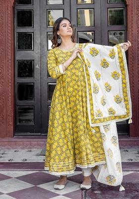 Mustard Printed Cotton Anarkali Set