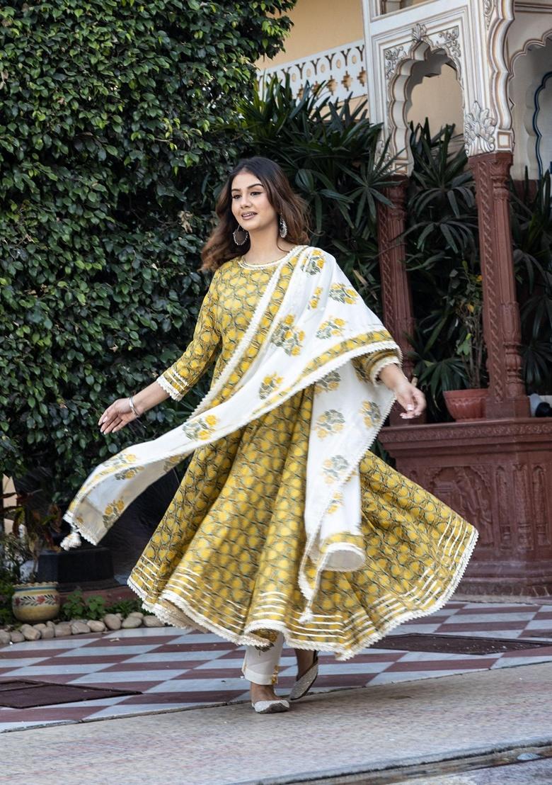 Mustard Printed Cotton Anarkali Set - Indya
