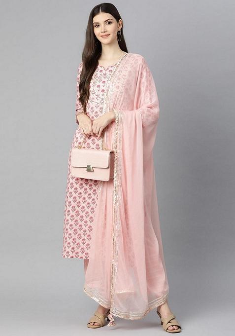 Pink Printed Cotton Kurta Set