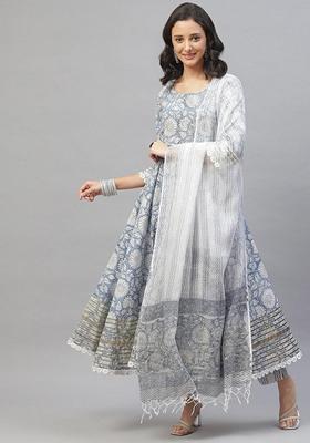 Blue Printed Cotton Anarkali Set