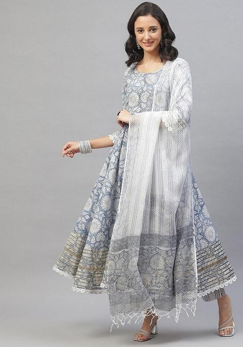 Blue Printed Cotton Anarkali Set