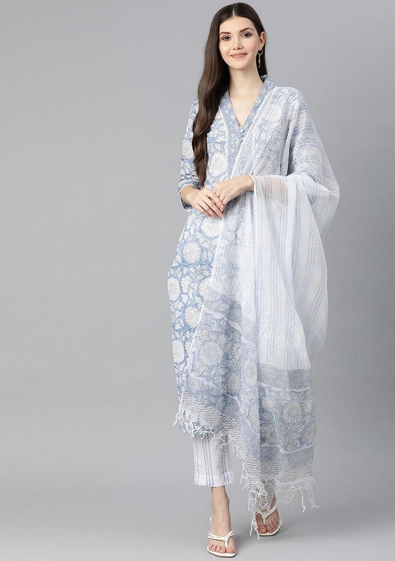 Blue Printed Cotton Kurta Set - Indya
