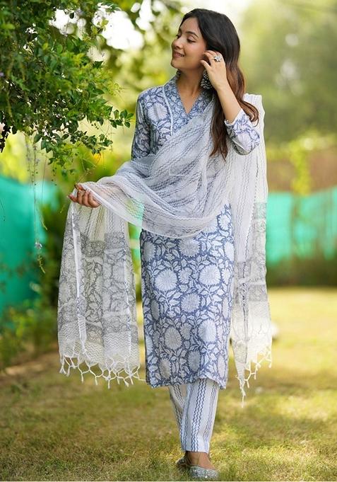 Blue Printed Cotton Kurta Set