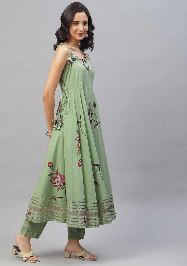 Green Floral Print Cotton Anarkali Set