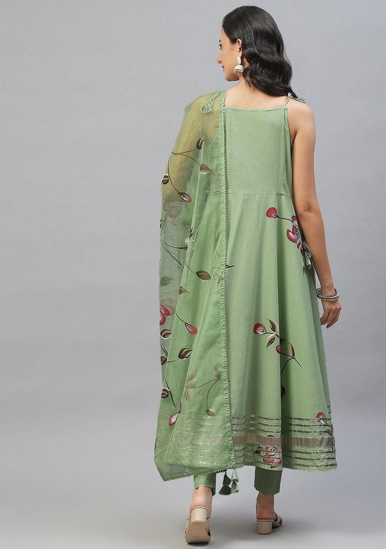 Green Floral Print Cotton Anarkali Set