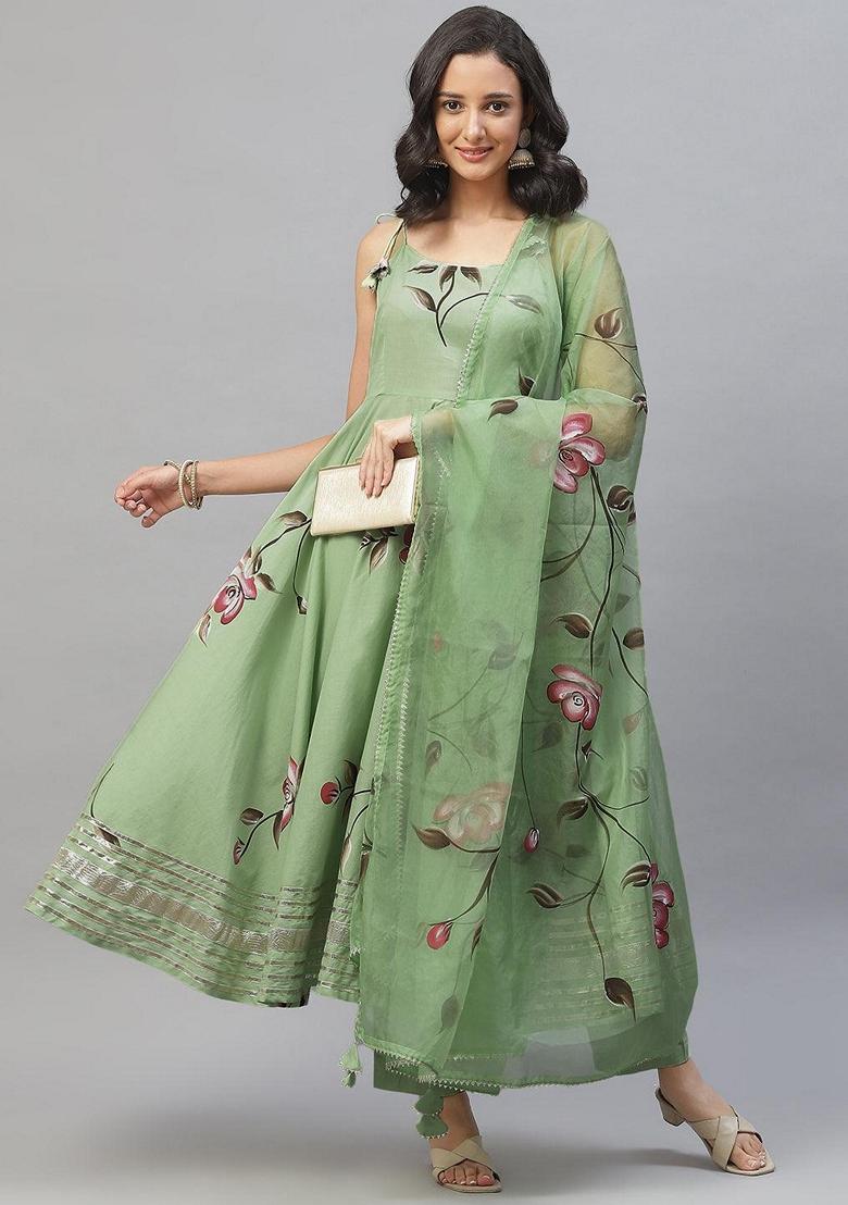 Green Floral Print Cotton Anarkali Set