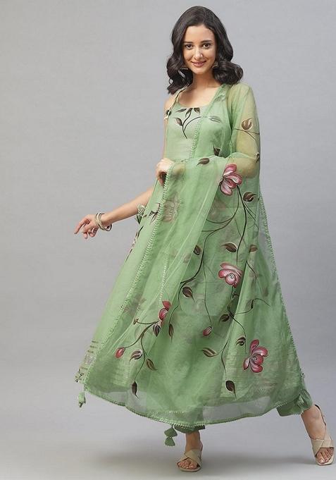 Green Floral Print Cotton Anarkali Set