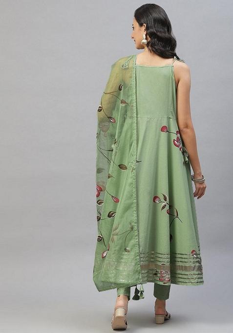 Green Floral Print Cotton Anarkali Set