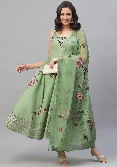 Green Floral Print Cotton Anarkali Set