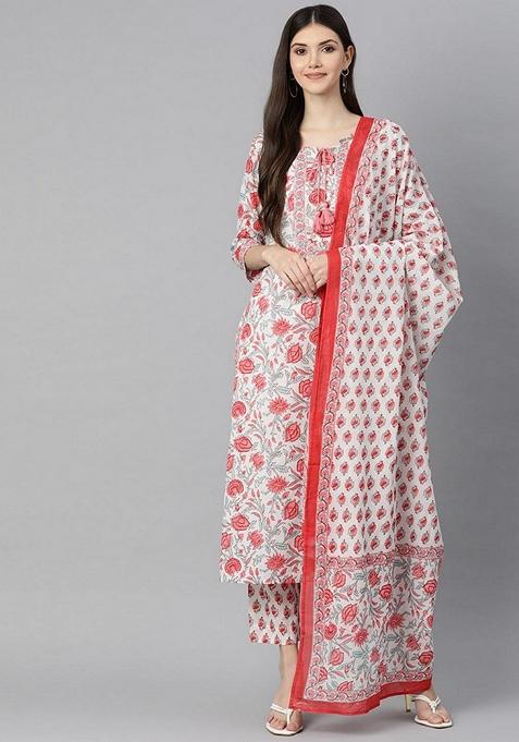 White Floral Print Cotton Kurta Set