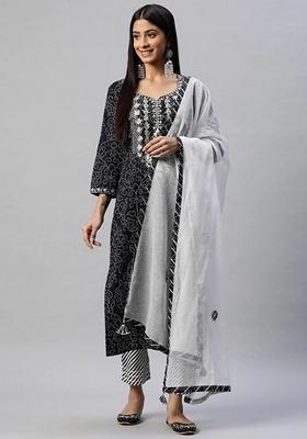 Black Printed Cotton Kurta Set