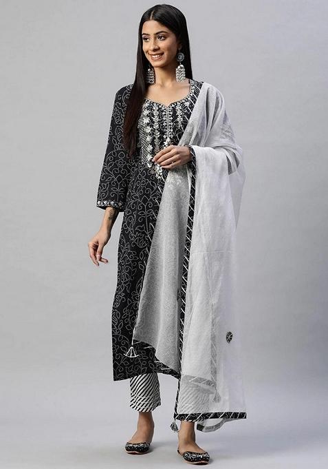 Black Printed Cotton Kurta Set