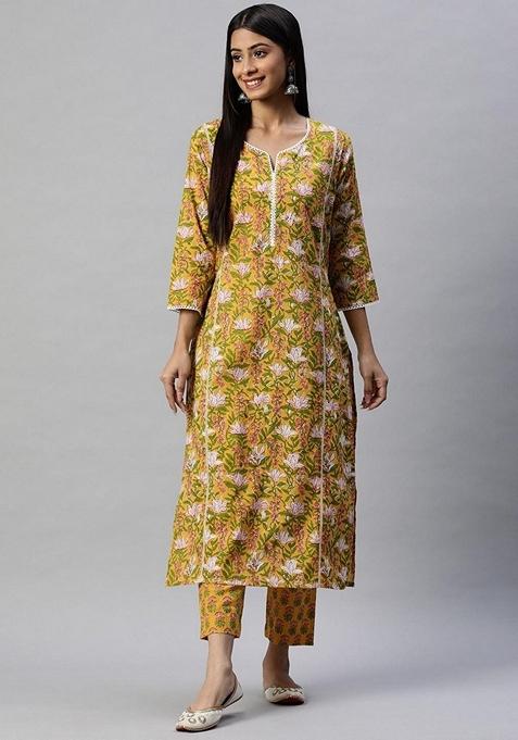 Yellow Floral Print Cotton Kurta Set