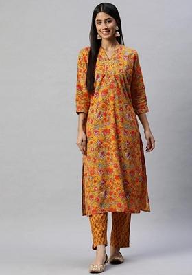 Mustard Floral Print Cotton Kurta Set