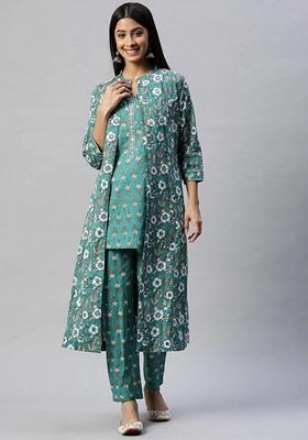 Green Floral Print Cotton Kurta Set
