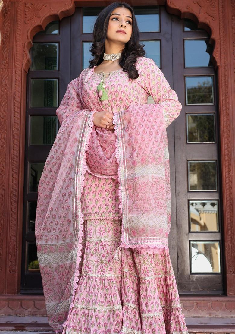 Pink Floral Print Cotton Sharara Set