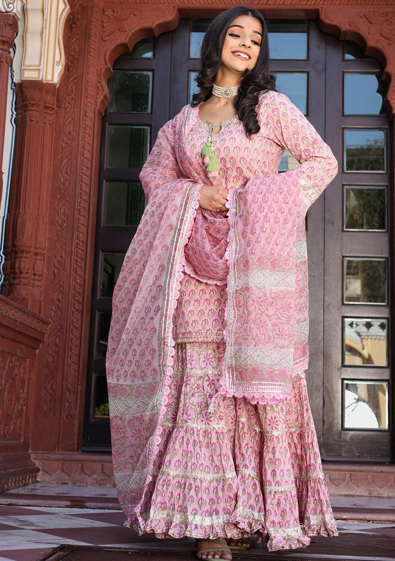 Pink Floral Print Cotton Sharara Set