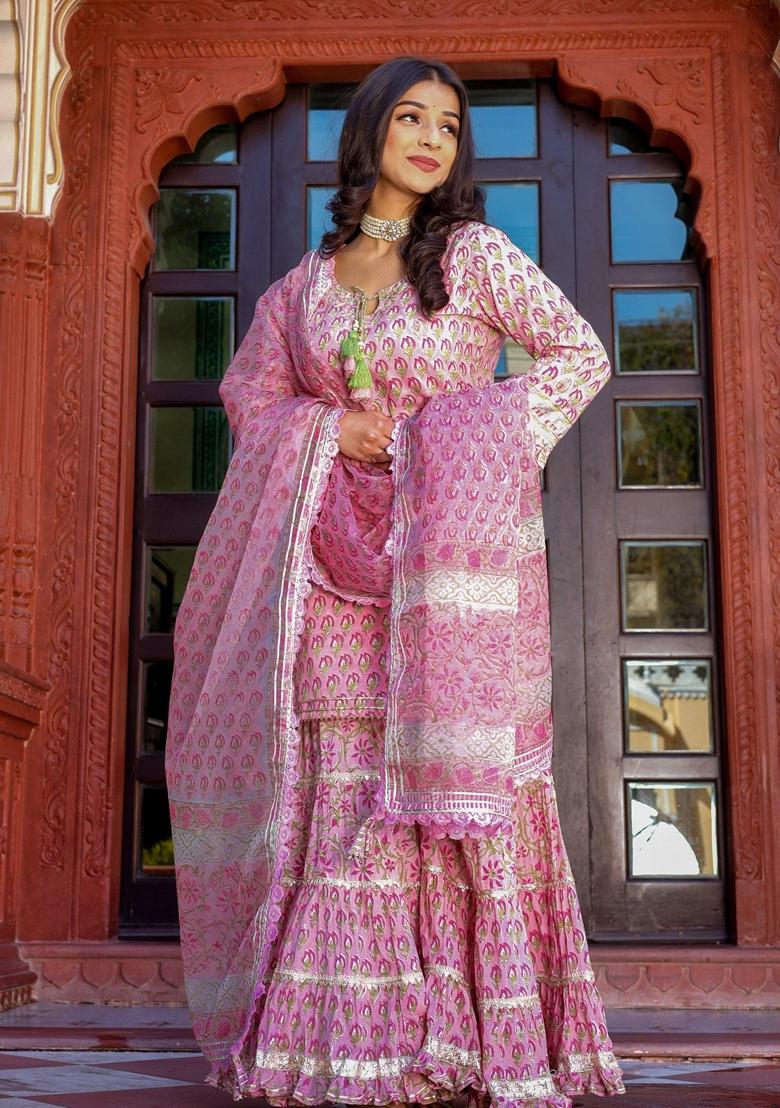 Pink Floral Print Cotton Sharara Set
