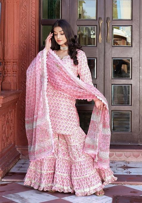 Pink Floral Print Cotton Sharara Set