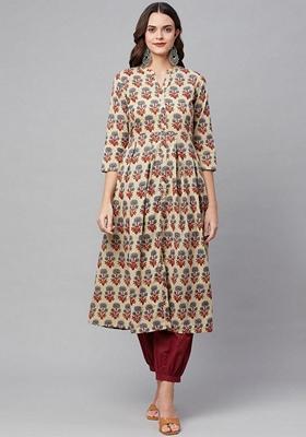 Beige Printed Cotton Kurta Set