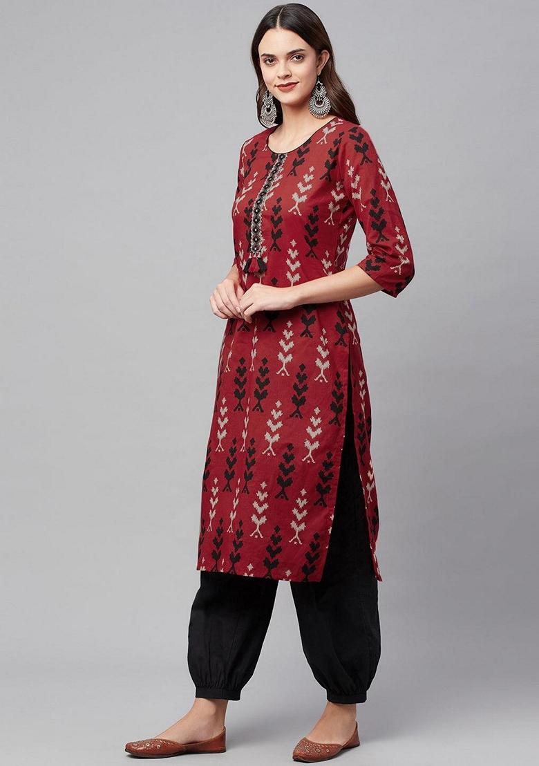 Maroon Printed Cotton Kurta Set