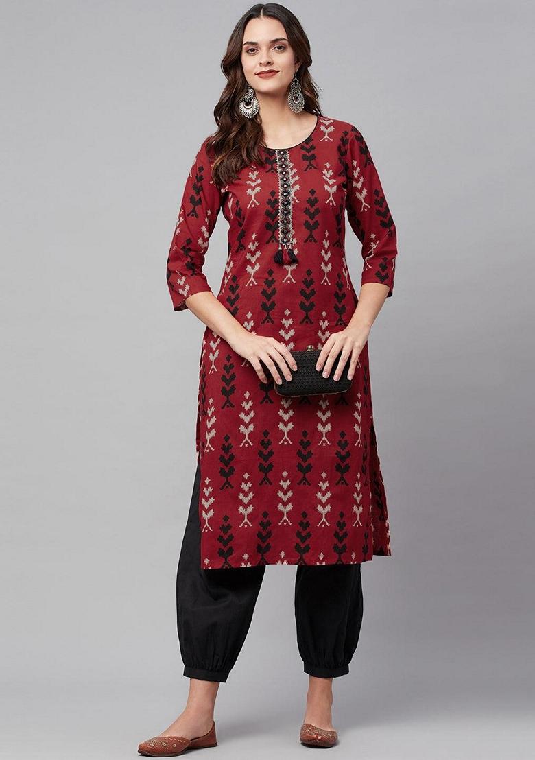 Maroon Printed Cotton Kurta Set