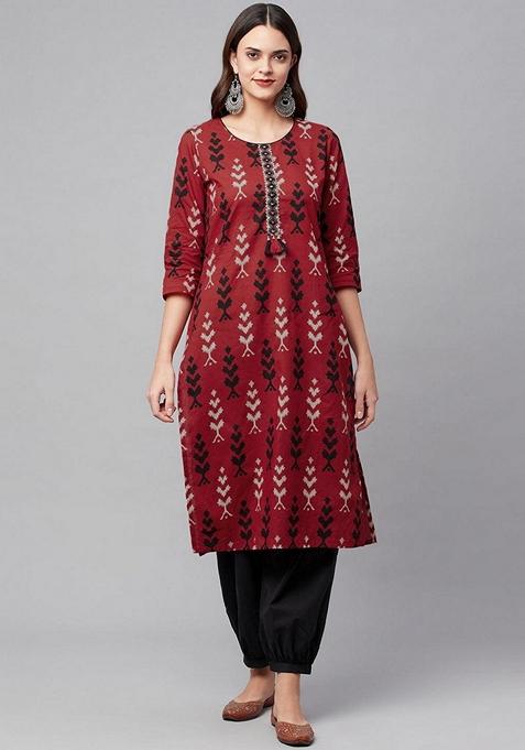 Maroon Printed Cotton Kurta Set