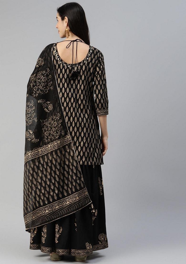 Black Printed Cotton Sharara Set