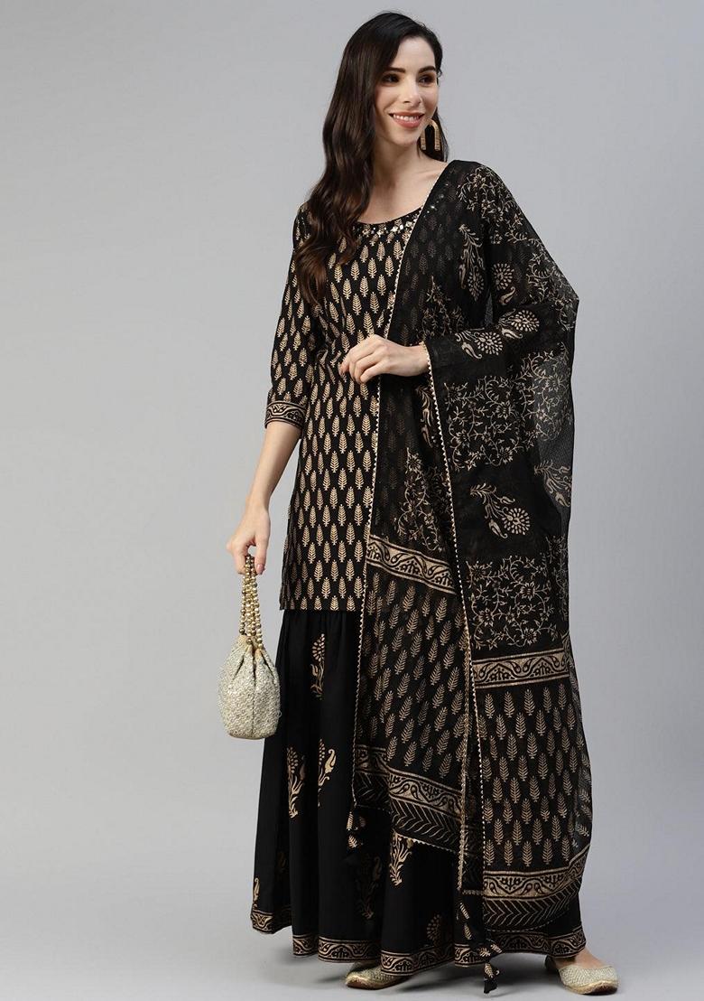 Black Printed Cotton Sharara Set - Indya