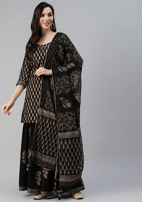 Black Printed Cotton Sharara Set